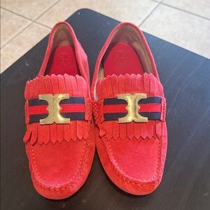 Tory Burch Red Suede Loafers with Gold Accent